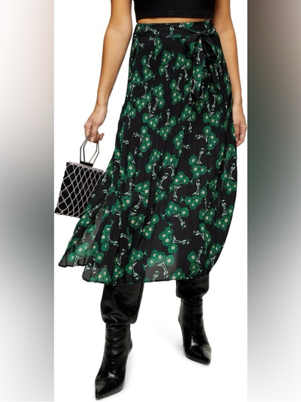 Topshop Black Crystal Floral Pleated Midi Skirt with tie belt